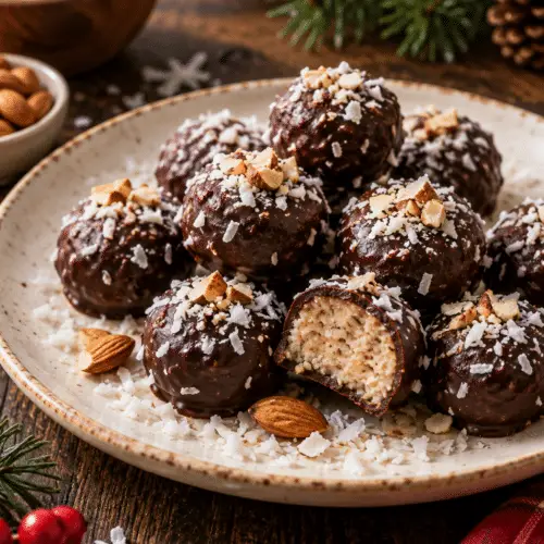 Keto Christmas fat bombs on a holiday dessert plate