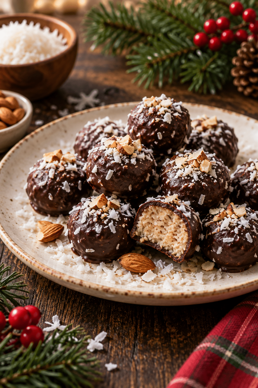 Keto Christmas fat bombs on a holiday dessert plate