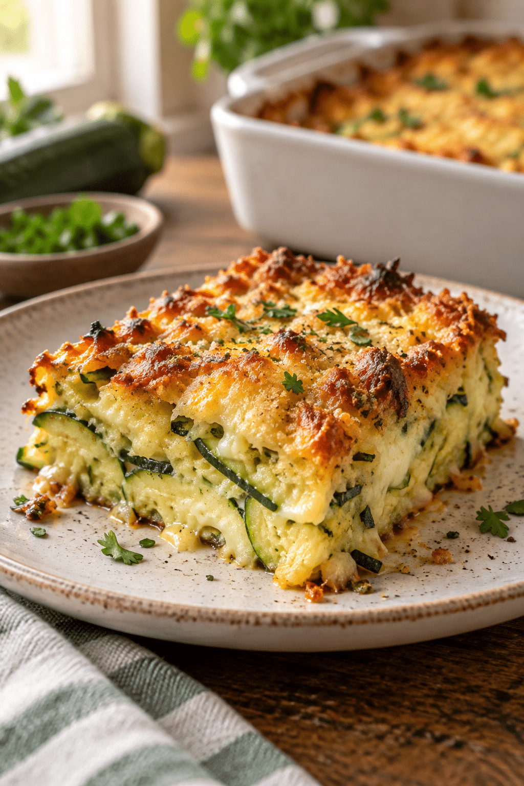 Golden slice of keto zucchini casserole ready to serve