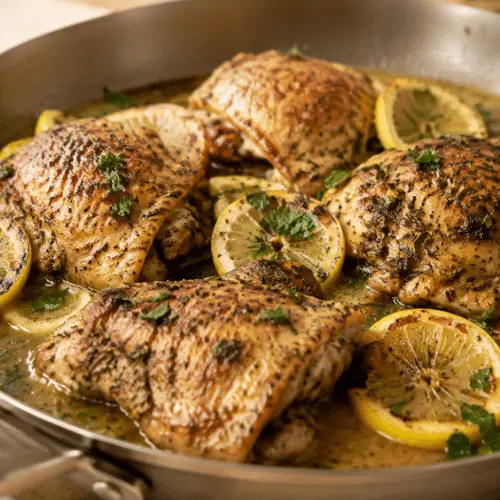 lemon herb chicken skillet finished and ready to serve