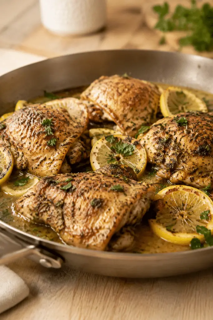 lemon herb chicken skillet finished and ready to serve