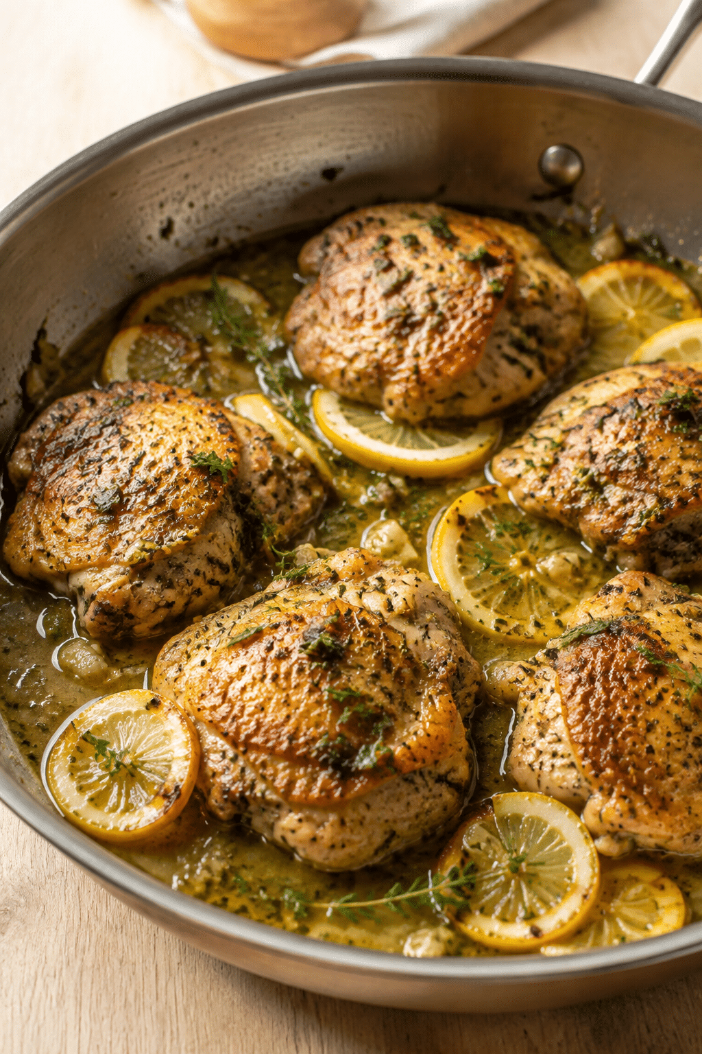 Finished lemon herb chicken skillet shown close up