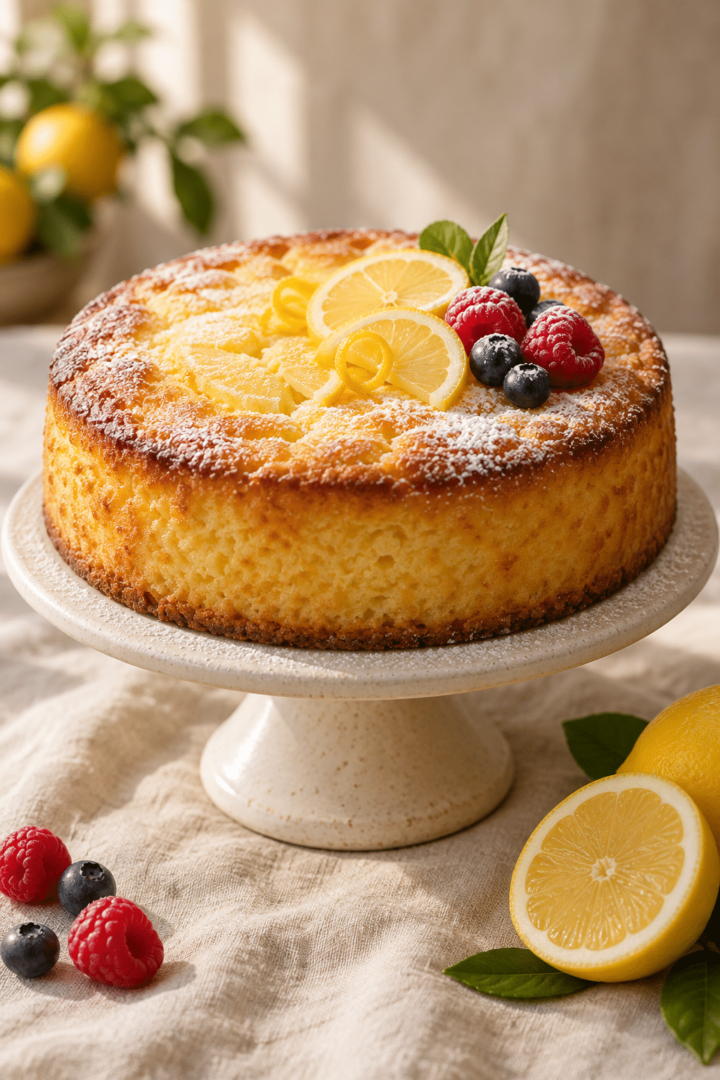 lemon ricotta cake on a serving plate