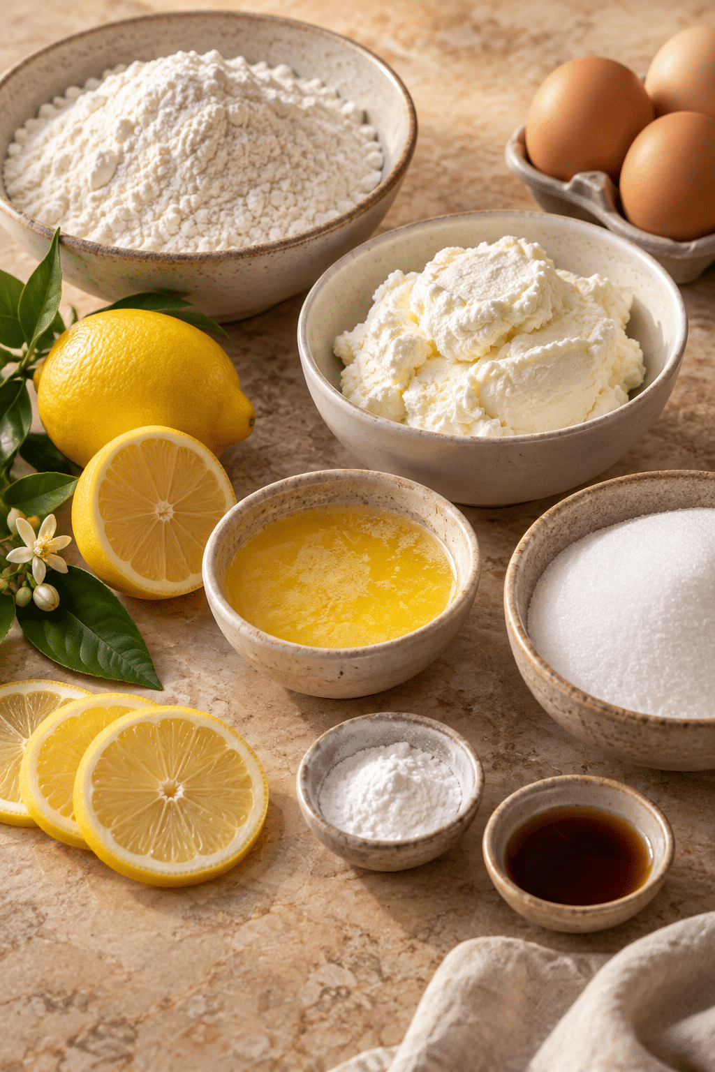 lemon ricotta cake ingredients measured and arranged