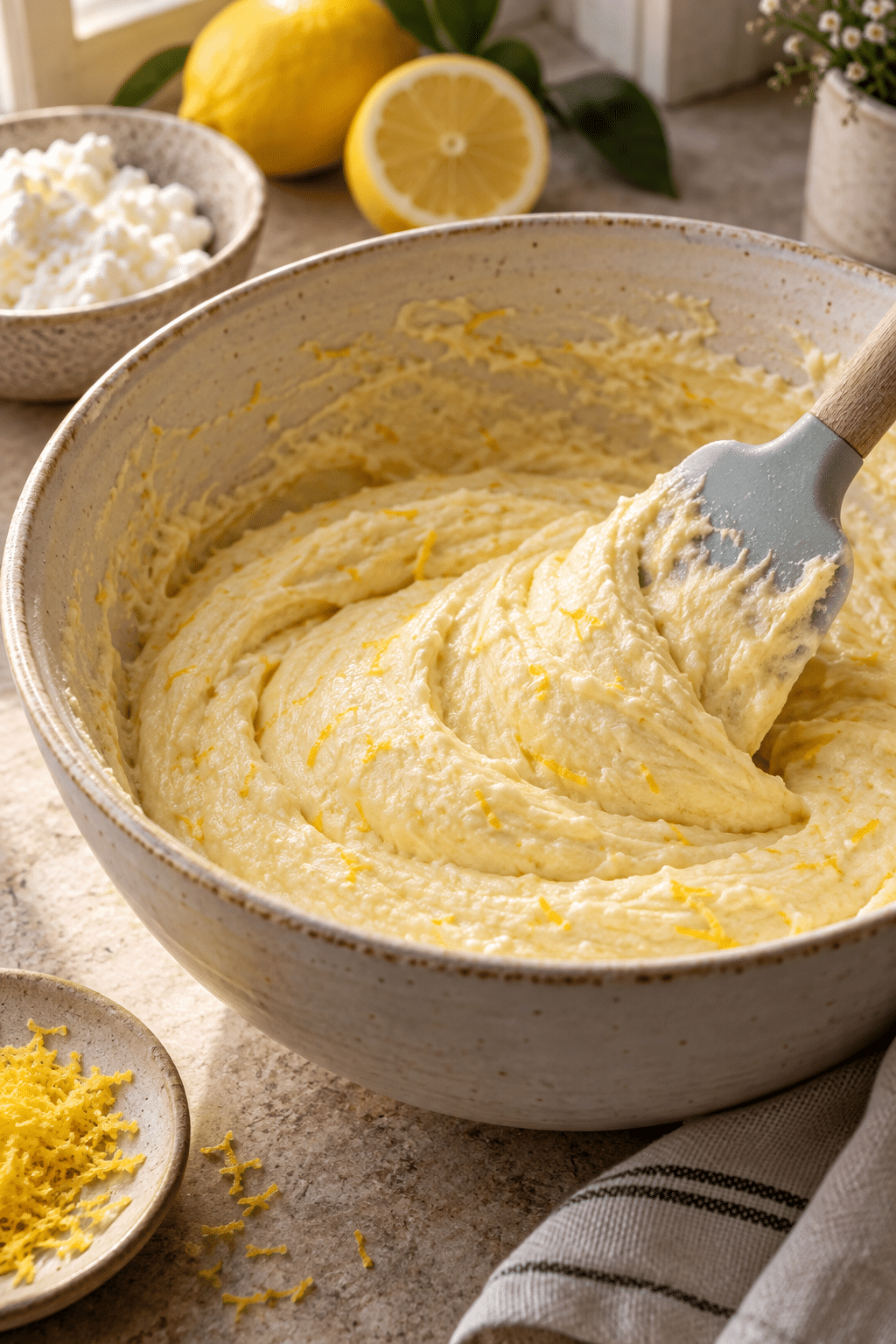 lemon ricotta cake batter being folded