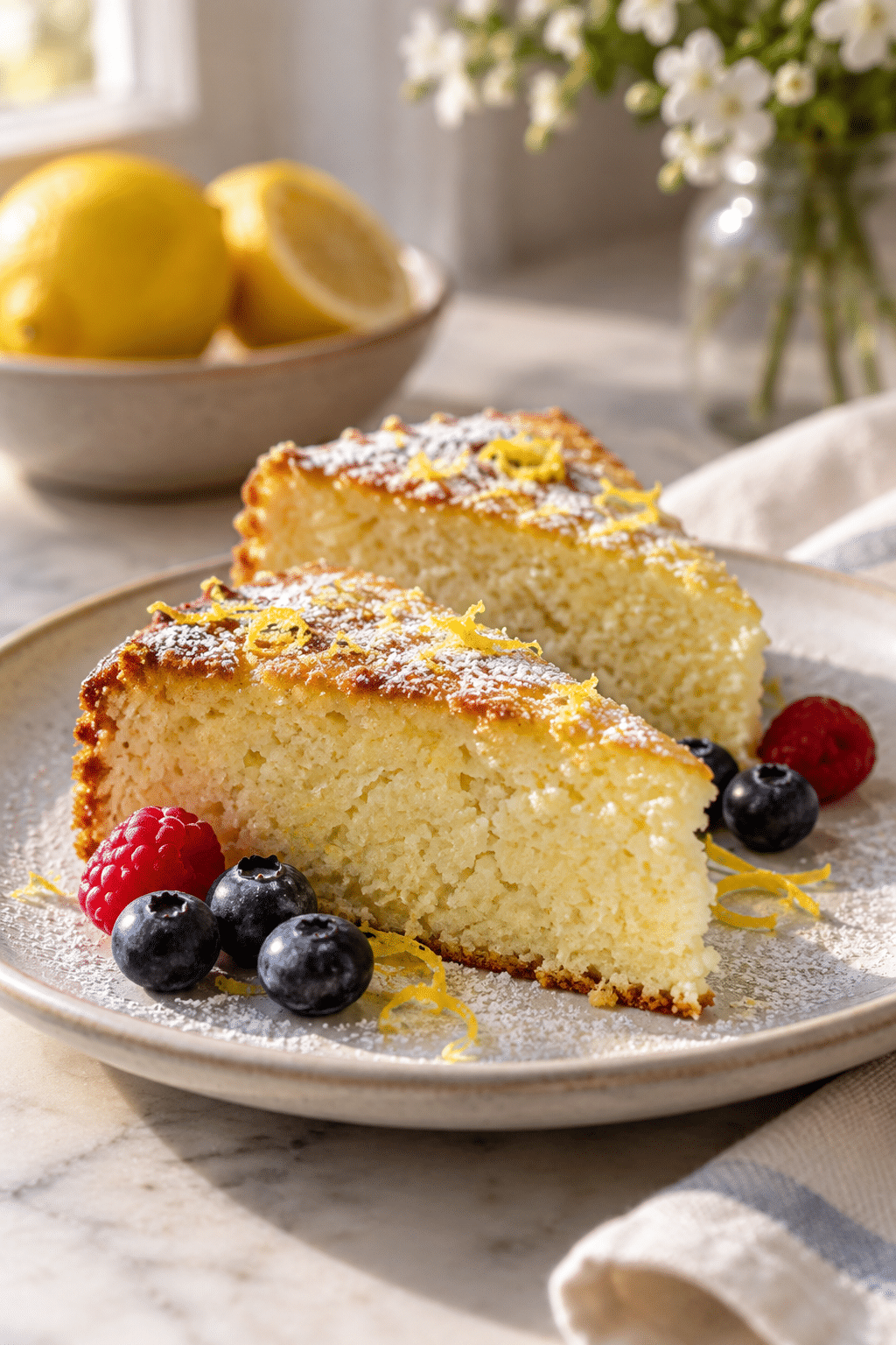 sliced lemon ricotta cake ready to serve