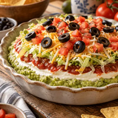 loaded guacamole dip with colorful toppings