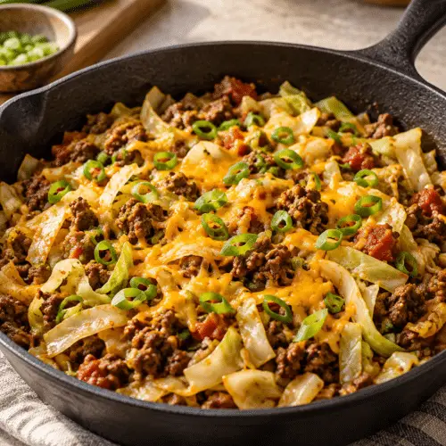 low carb cabbage taco skillet in a skillet