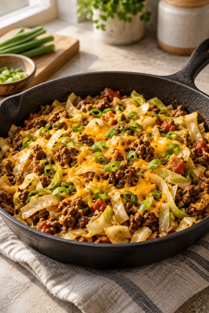 low carb cabbage taco skillet in a skillet