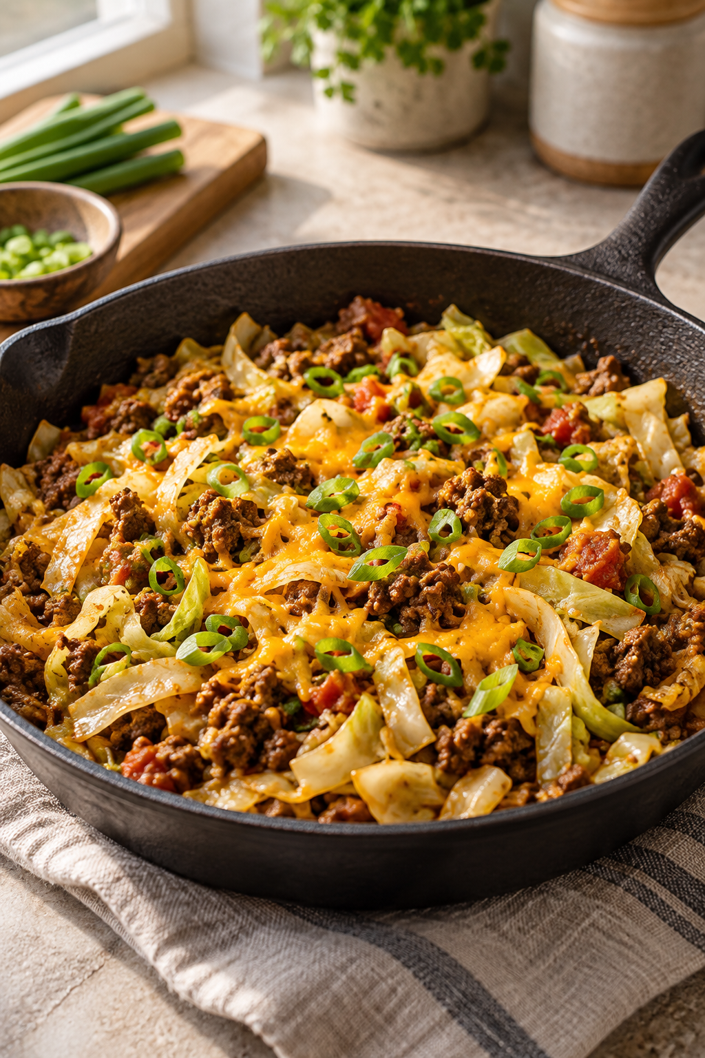 low carb cabbage taco skillet in a skillet
