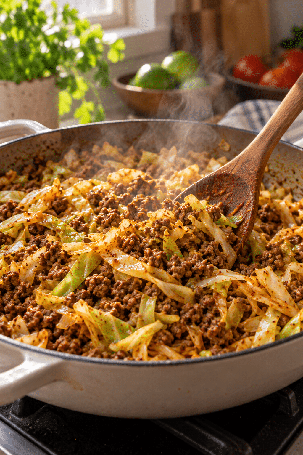 low carb cabbage taco skillet cooking in one pan