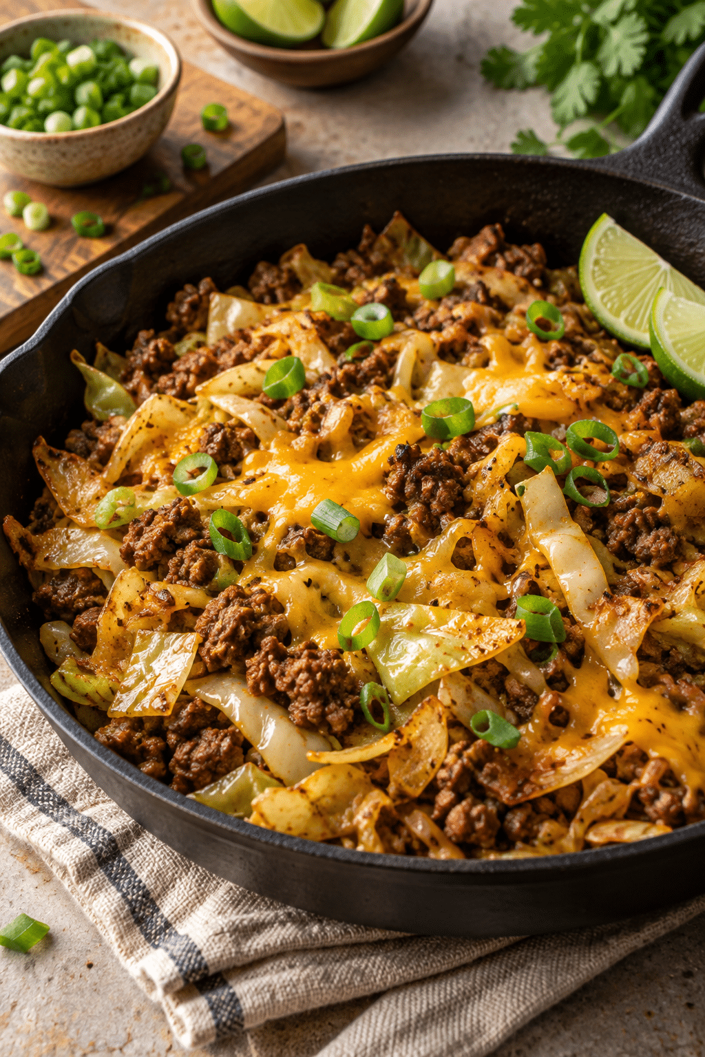 finished low carb cabbage taco skillet served hot
