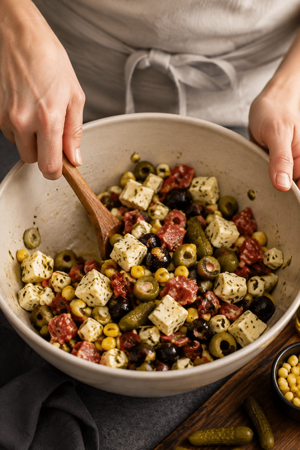 Preparing marinated cheese appetizer step by step