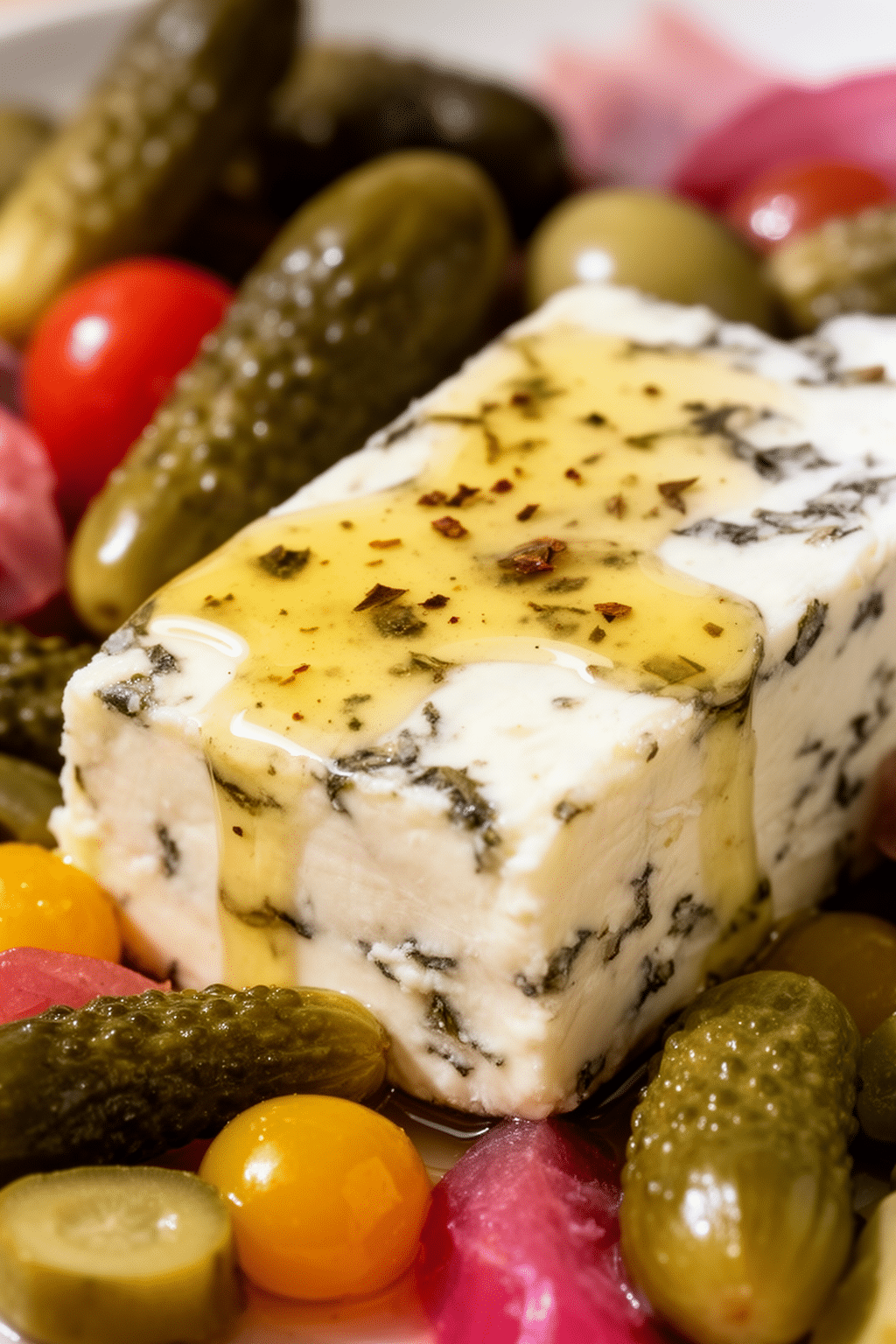 Finished marinated cheese appetizer shown close up