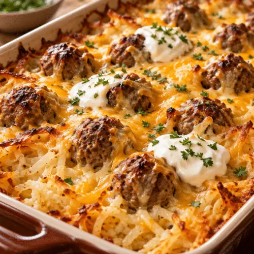 meatball hash brown bake with golden cheesy potatoes