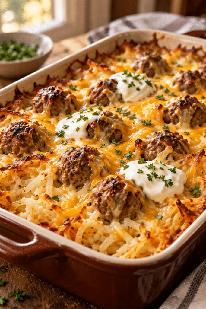 meatball hash brown bake with golden cheesy potatoes