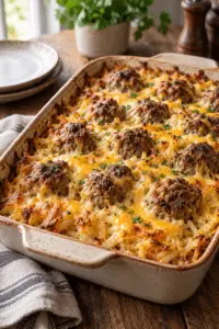 meatball hash brown bake with cheesy potatoes