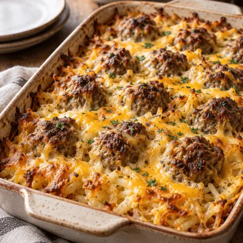 meatball hash brown bake with cheesy potatoes