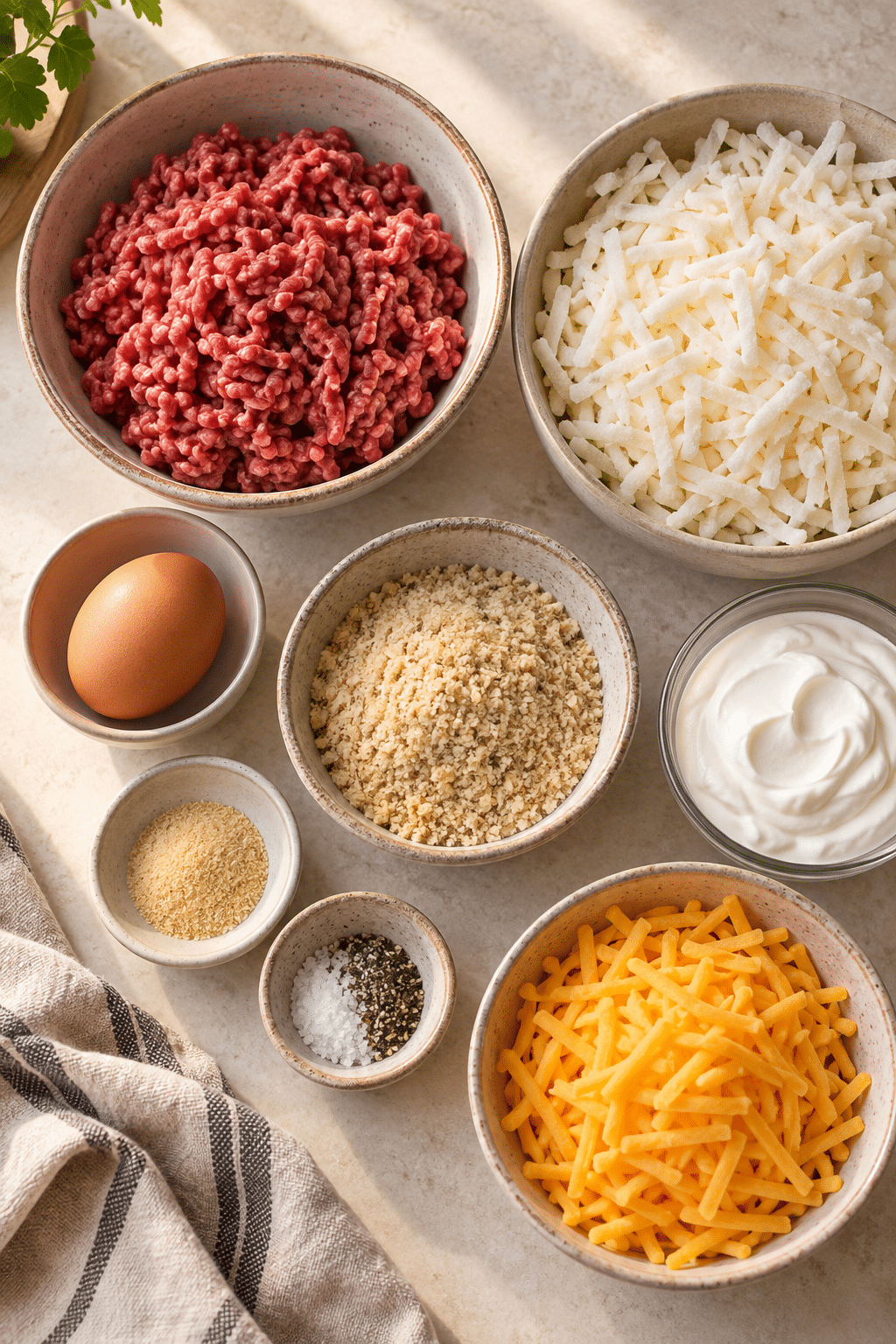 meatball hash brown bake ingredients measured and arranged
