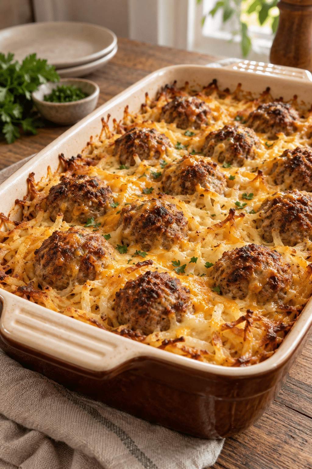 meatball hash brown bake ingredients arranged