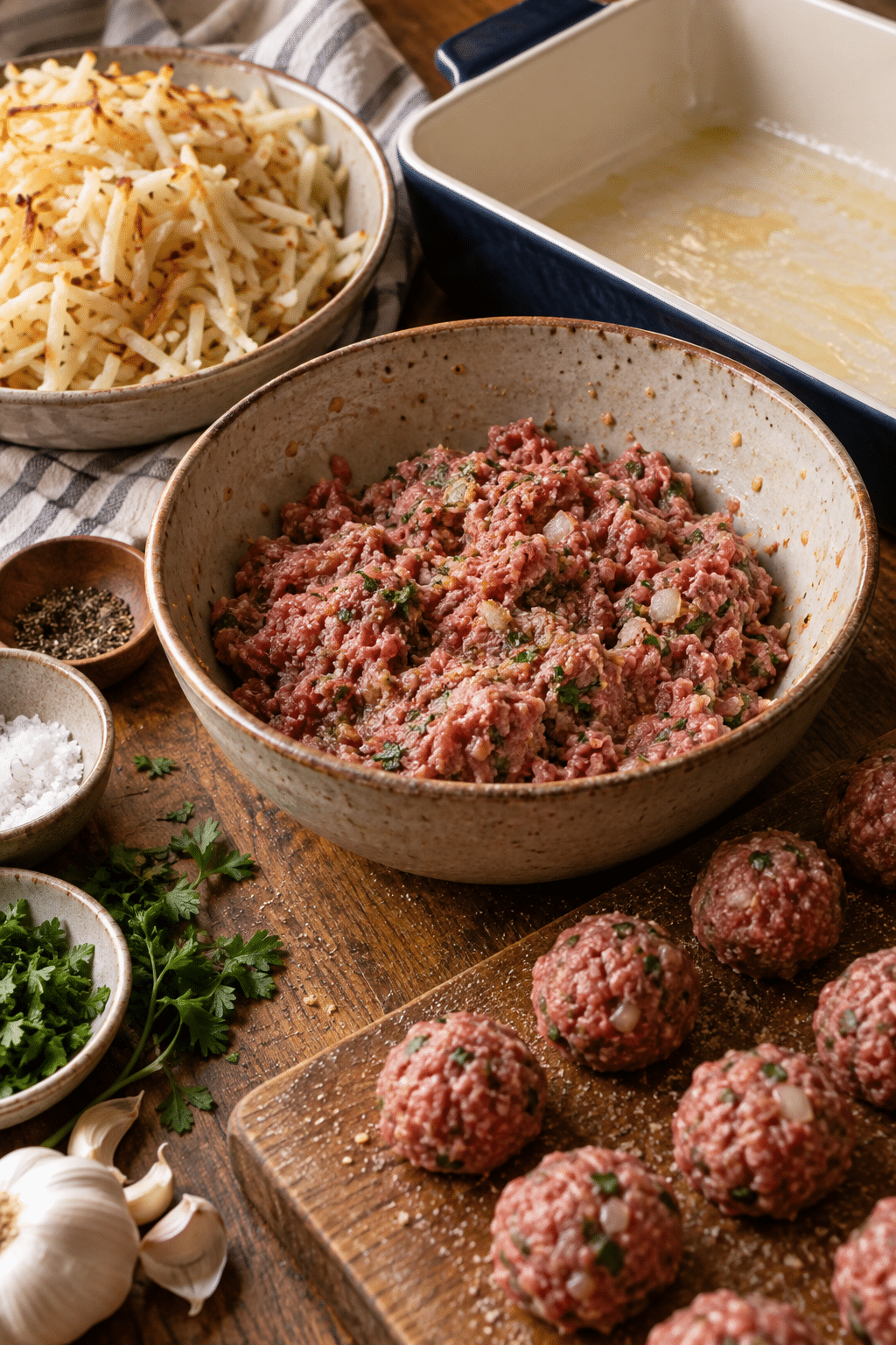 meatball hash brown bake meatballs being prepared
