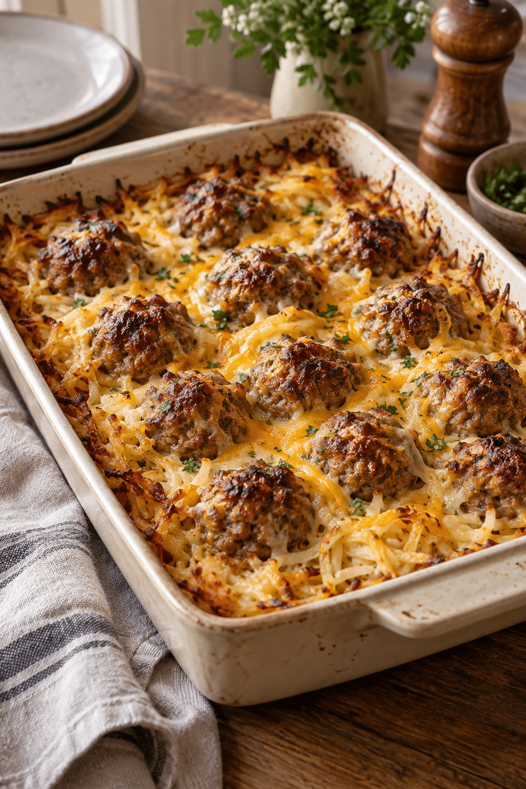 meatball hash brown bake being assembled