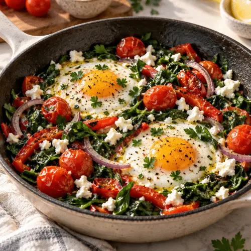 Mediterranean breakfast bowl with eggs