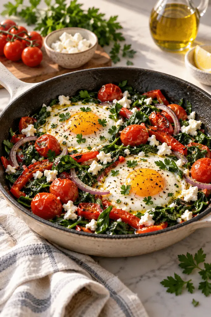 Mediterranean breakfast bowl with eggs