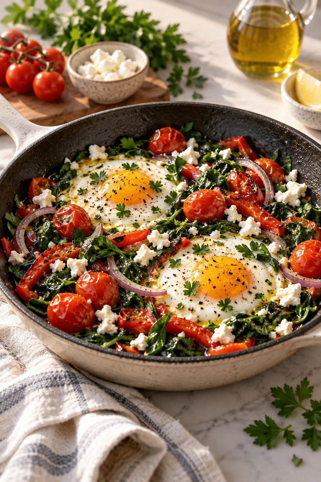 Mediterranean breakfast bowl with eggs
