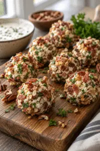 mini bacon ranch cheese balls on a serving board