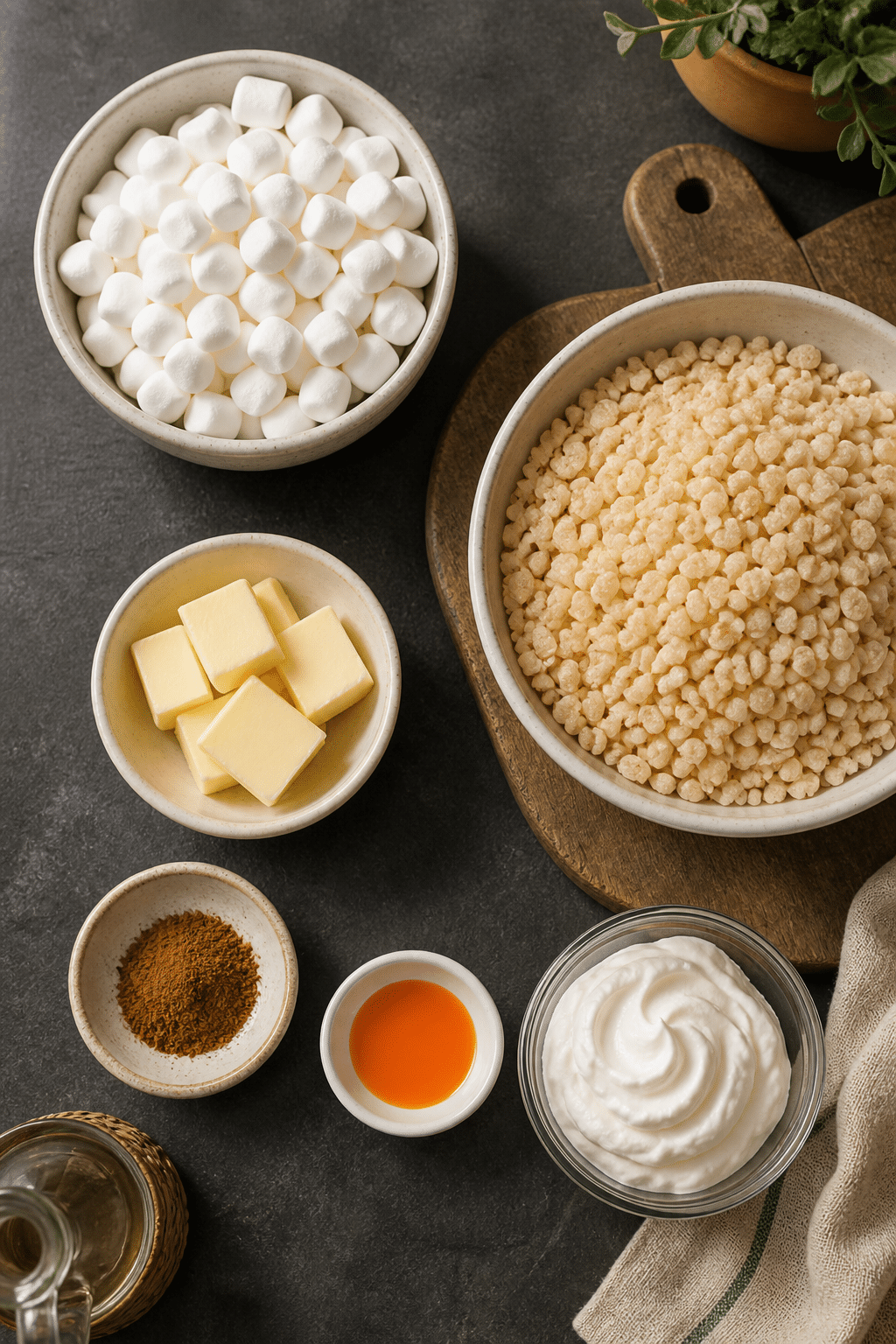 mini pumpkin pie rice krispie treats ingredients measured and arranged