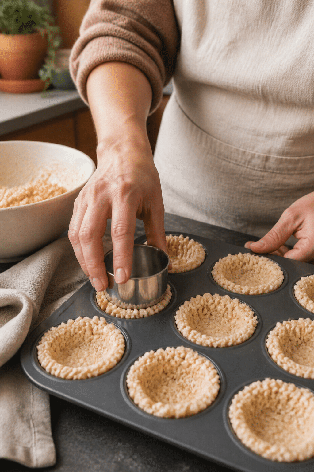 mini pumpkin pie rice krispie treats being shaped in a muffin pan