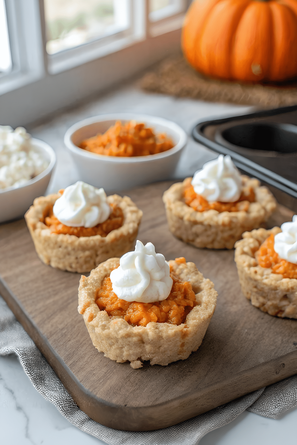 mini pumpkin pie rice krispie treats topped and ready to serve