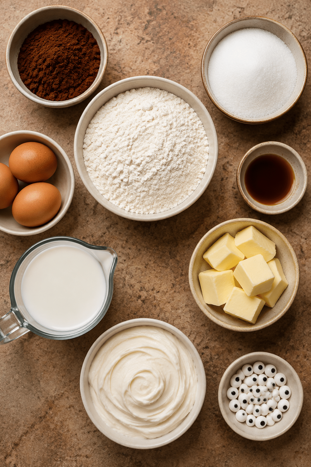mummy chocolate cupcake ingredients measured in bowls