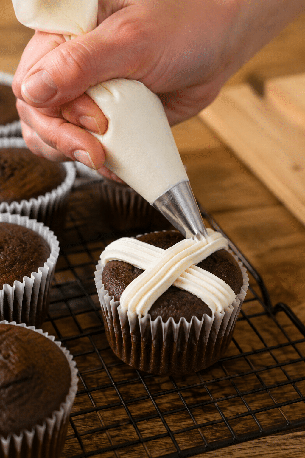 vanilla frosting piped across chocolate cupcakes as mummy bandages