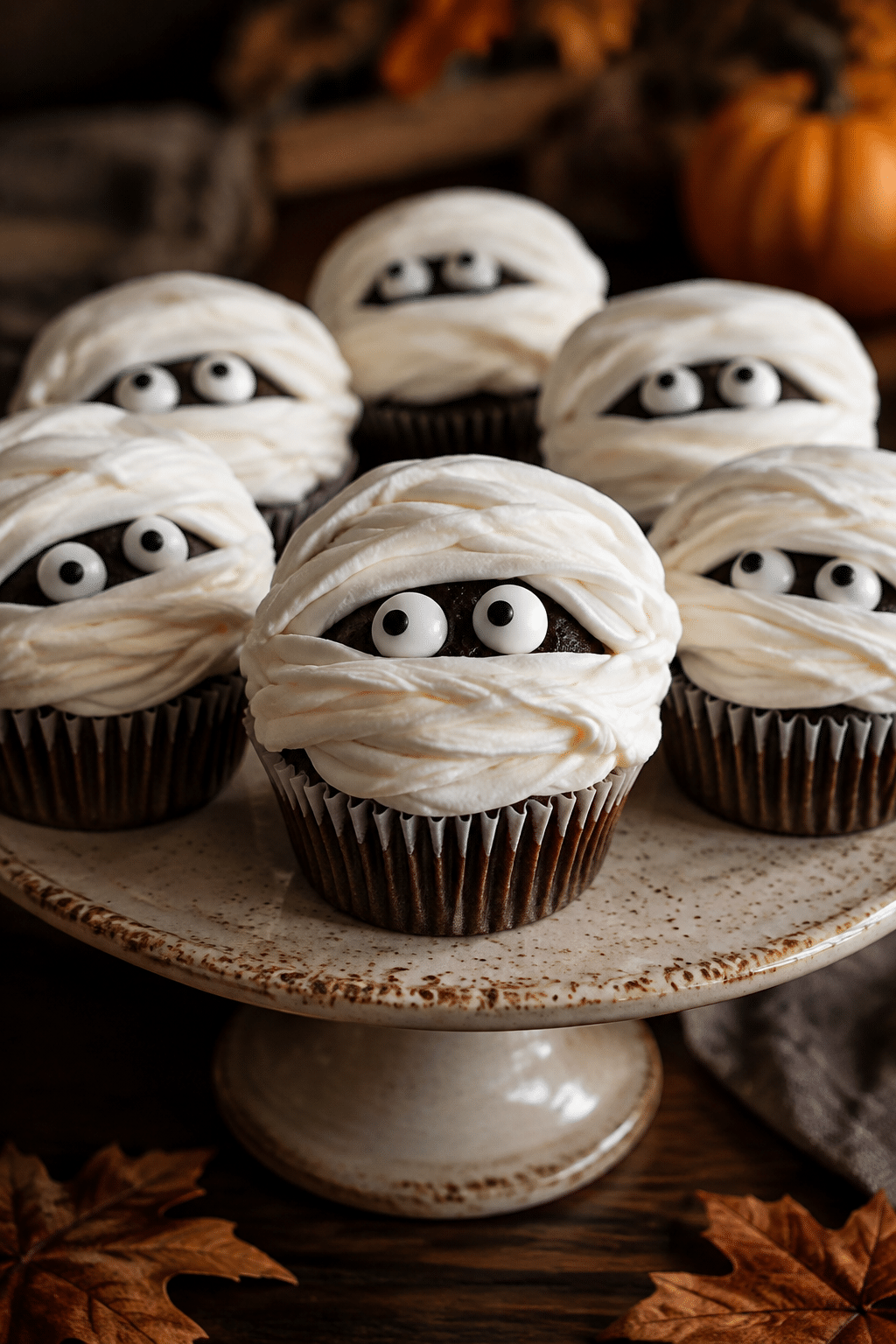 finished mummy chocolate cupcakes with vanilla frosting and candy eyes