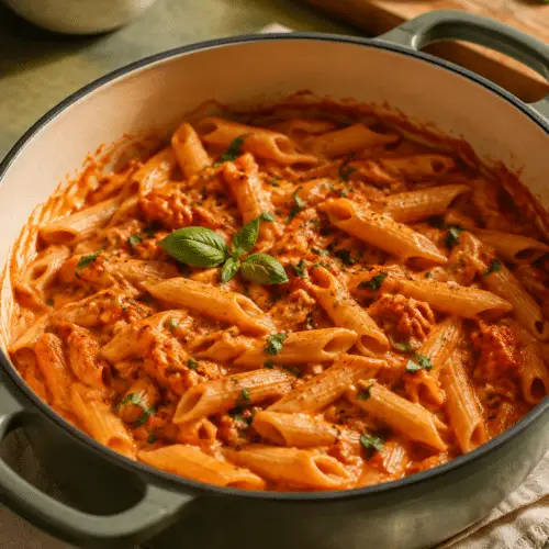 one-pot creamy tomato pasta finished and ready to serve