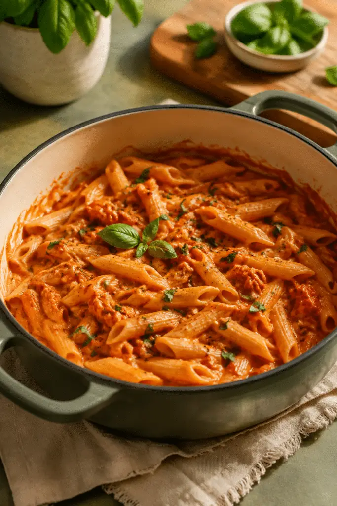 one-pot creamy tomato pasta finished and ready to serve