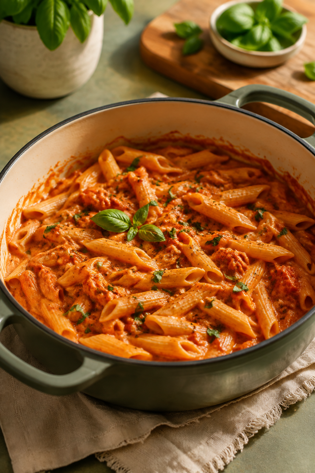 one-pot creamy tomato pasta finished and ready to serve