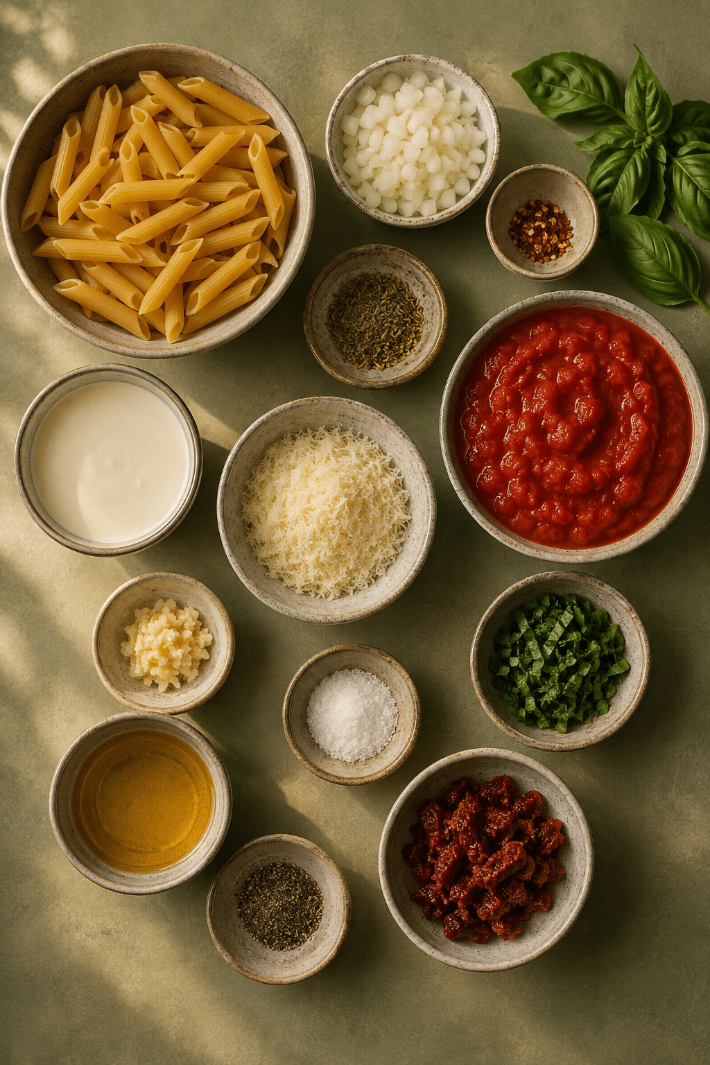 Ingredients measured for one-pot creamy tomato pasta