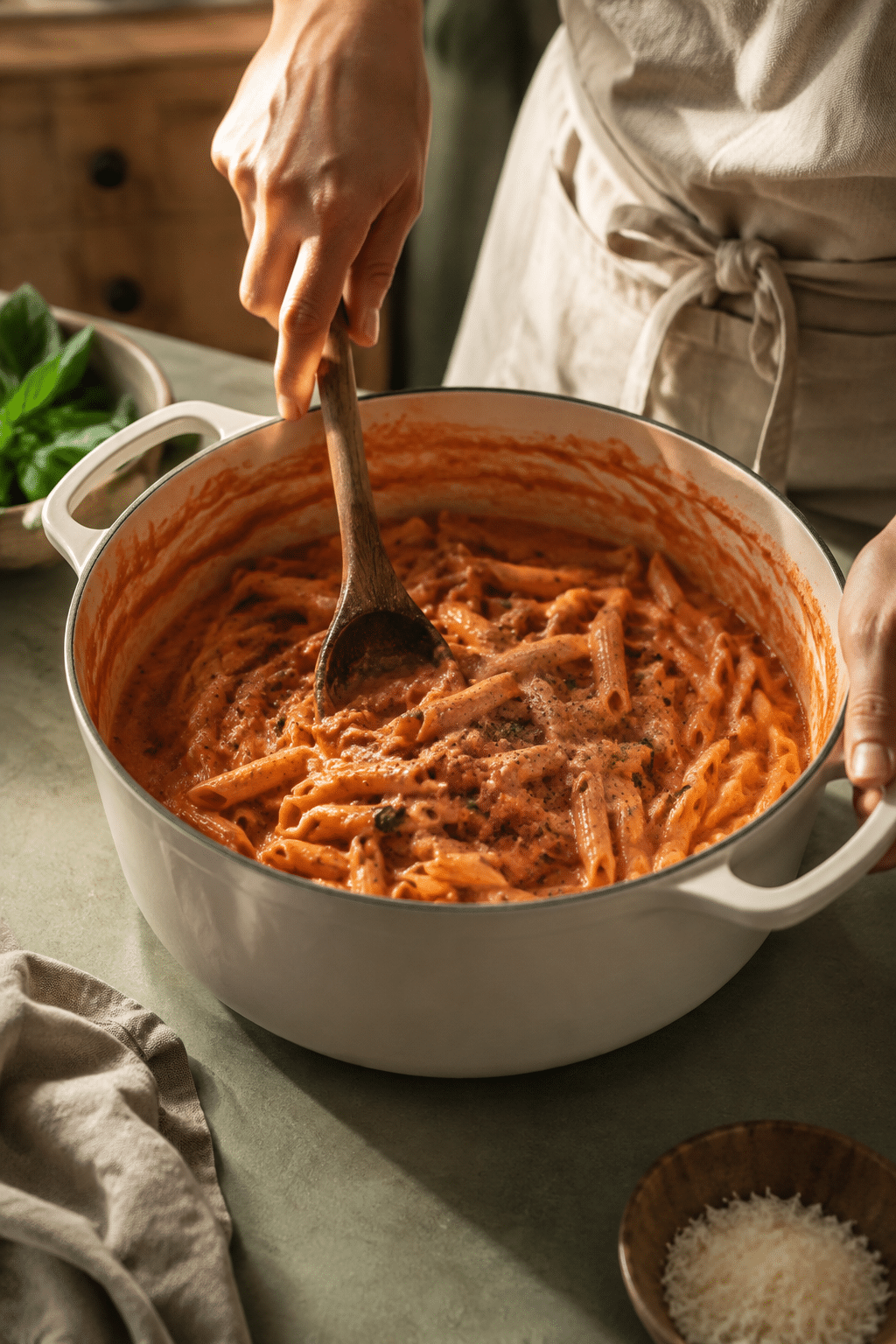 Preparing one-pot creamy tomato pasta step by step