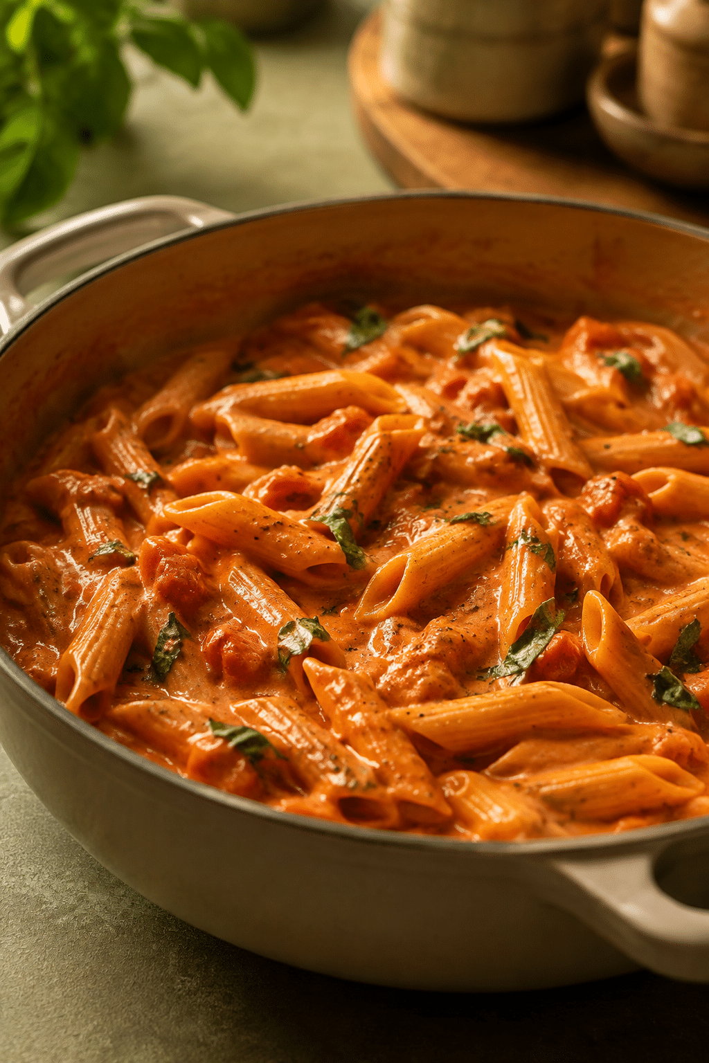 Finished one-pot creamy tomato pasta shown close up