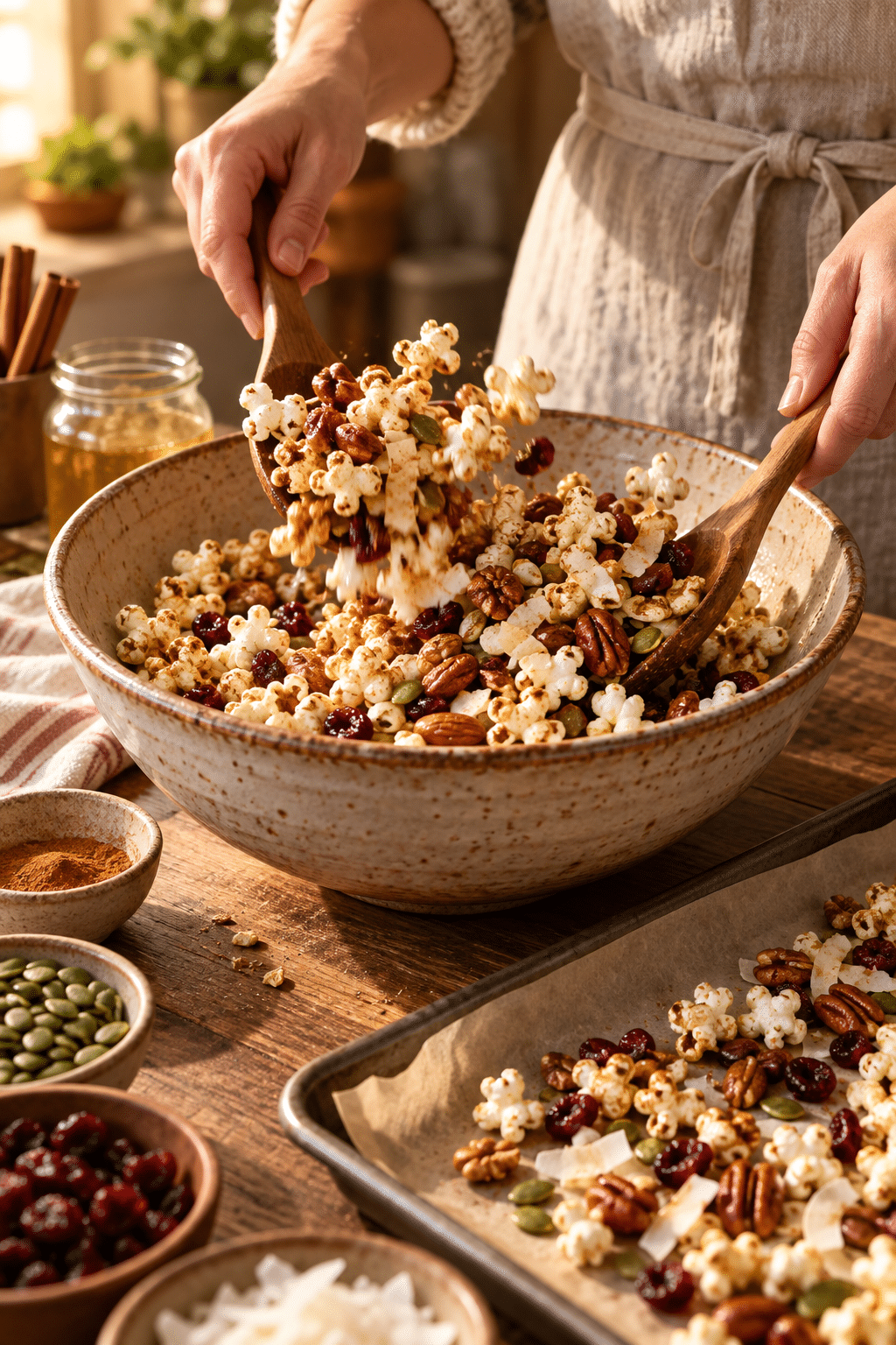 paleo movie night snacks being tossed before baking