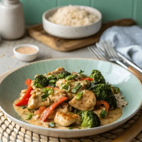 Peanut butter chicken with vegetables in a serving bowl