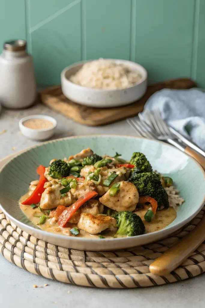 Peanut butter chicken with vegetables in a serving bowl