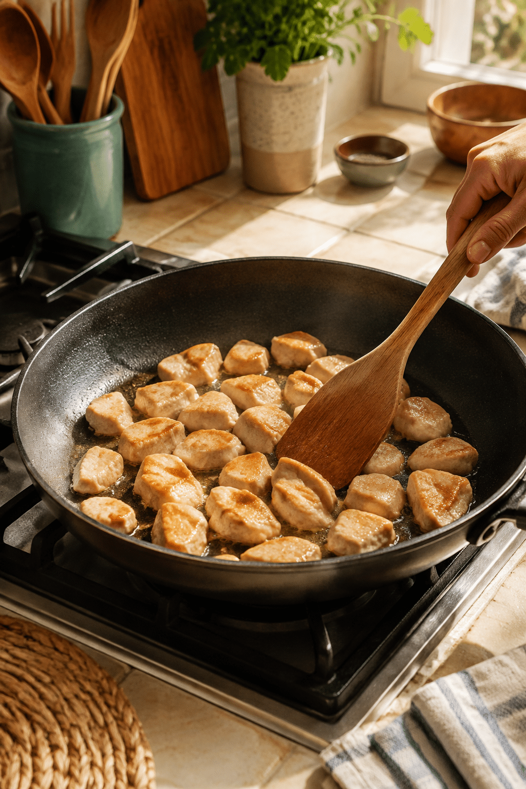 Chicken browning in a skillet for peanut butter chicken with vegetables