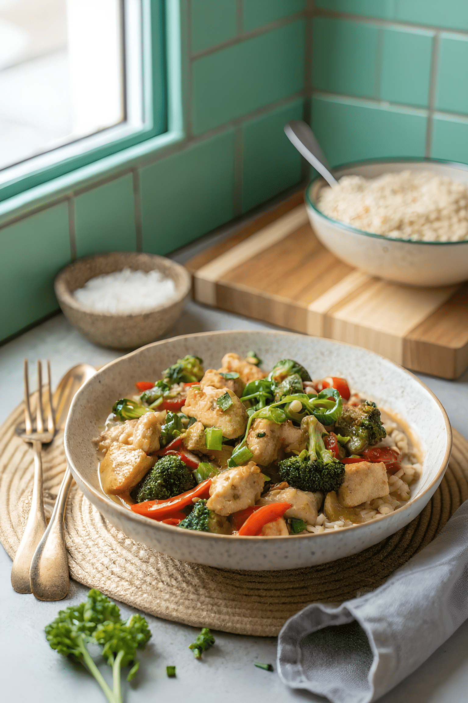 Finished peanut butter chicken with vegetables and creamy sauce