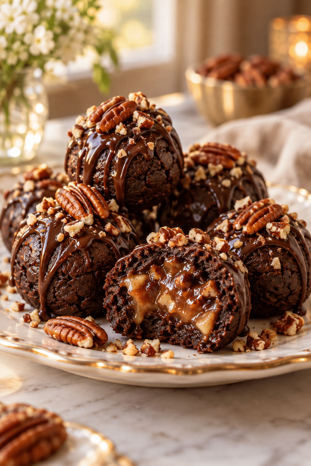 pecan pie brownie bombs served with pecans