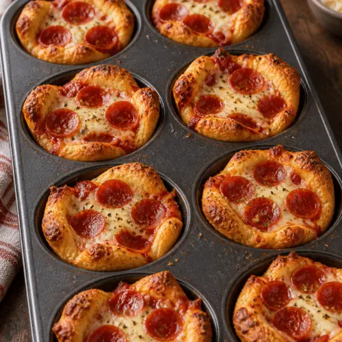 Pepperoni pizza cups in a muffin pan
