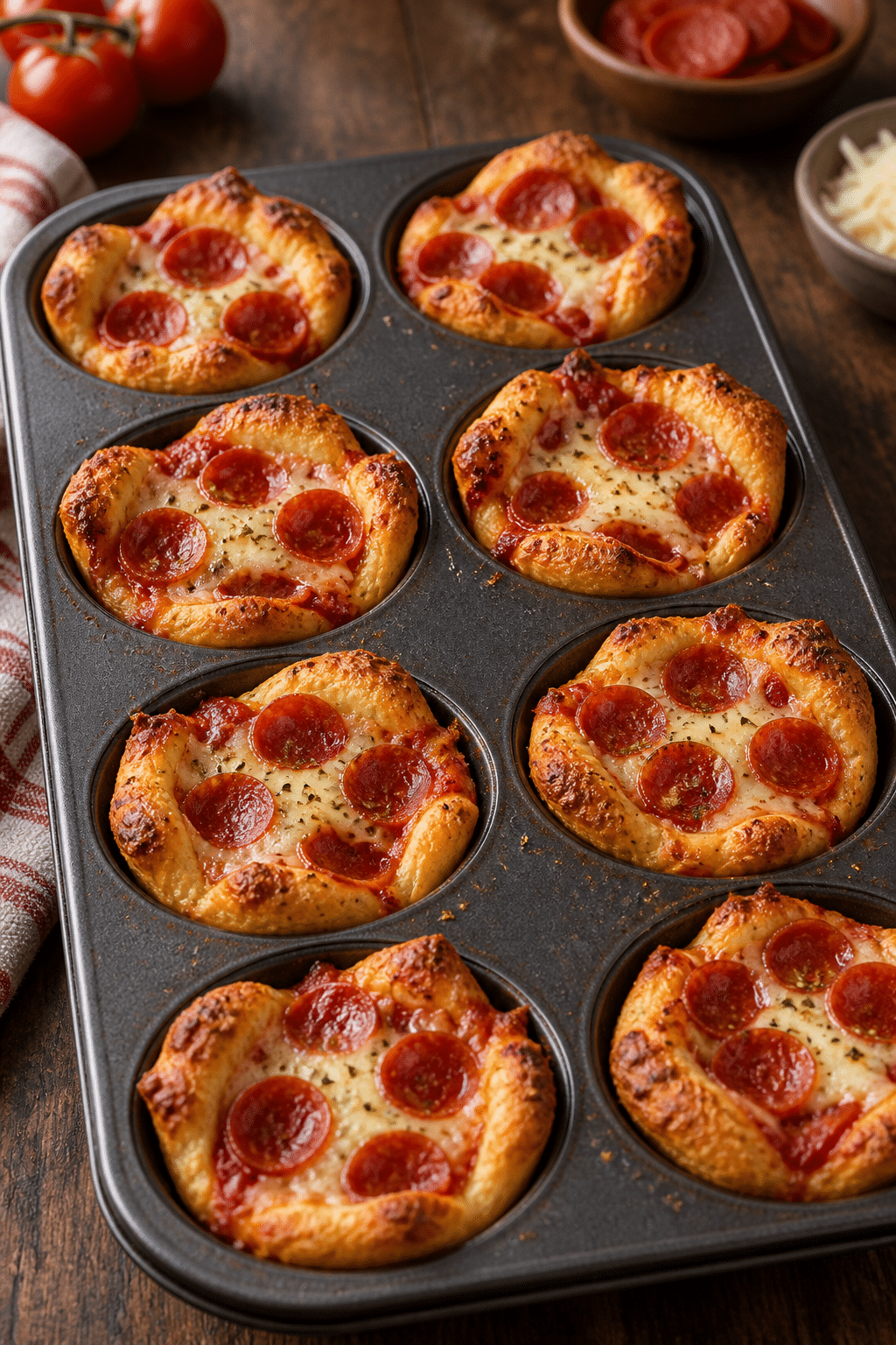 Pepperoni pizza cups in a muffin pan